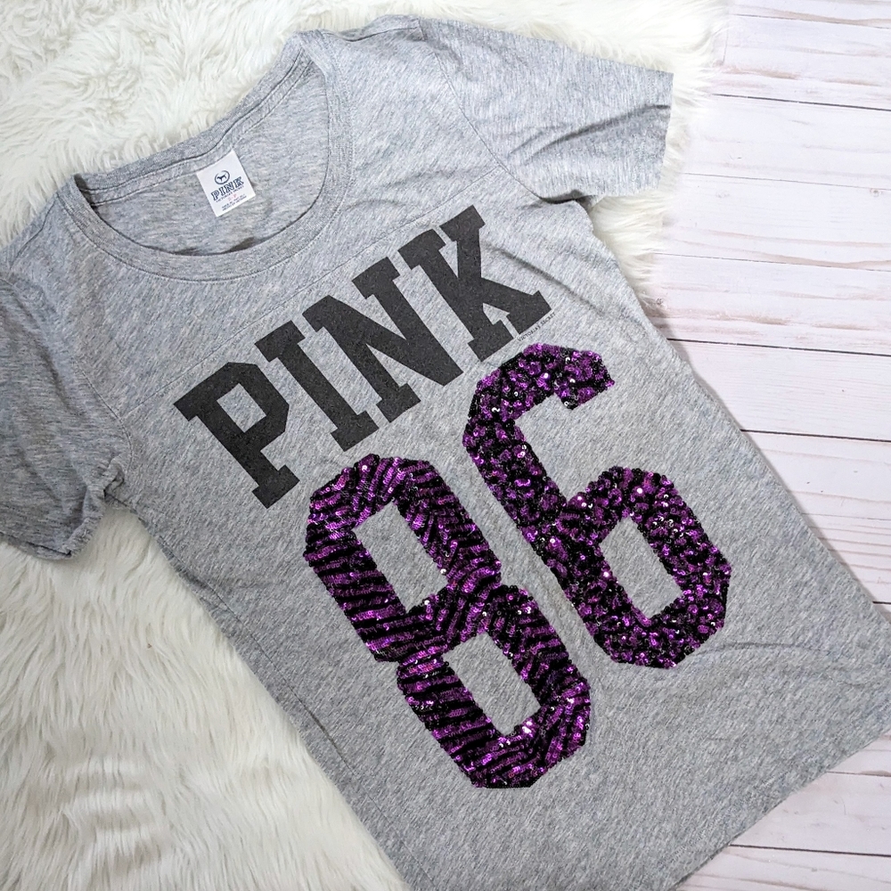Victoria's Secret PINK Jersey T Shirt - 86 - Sequins - Bling - Zebra & Leopard